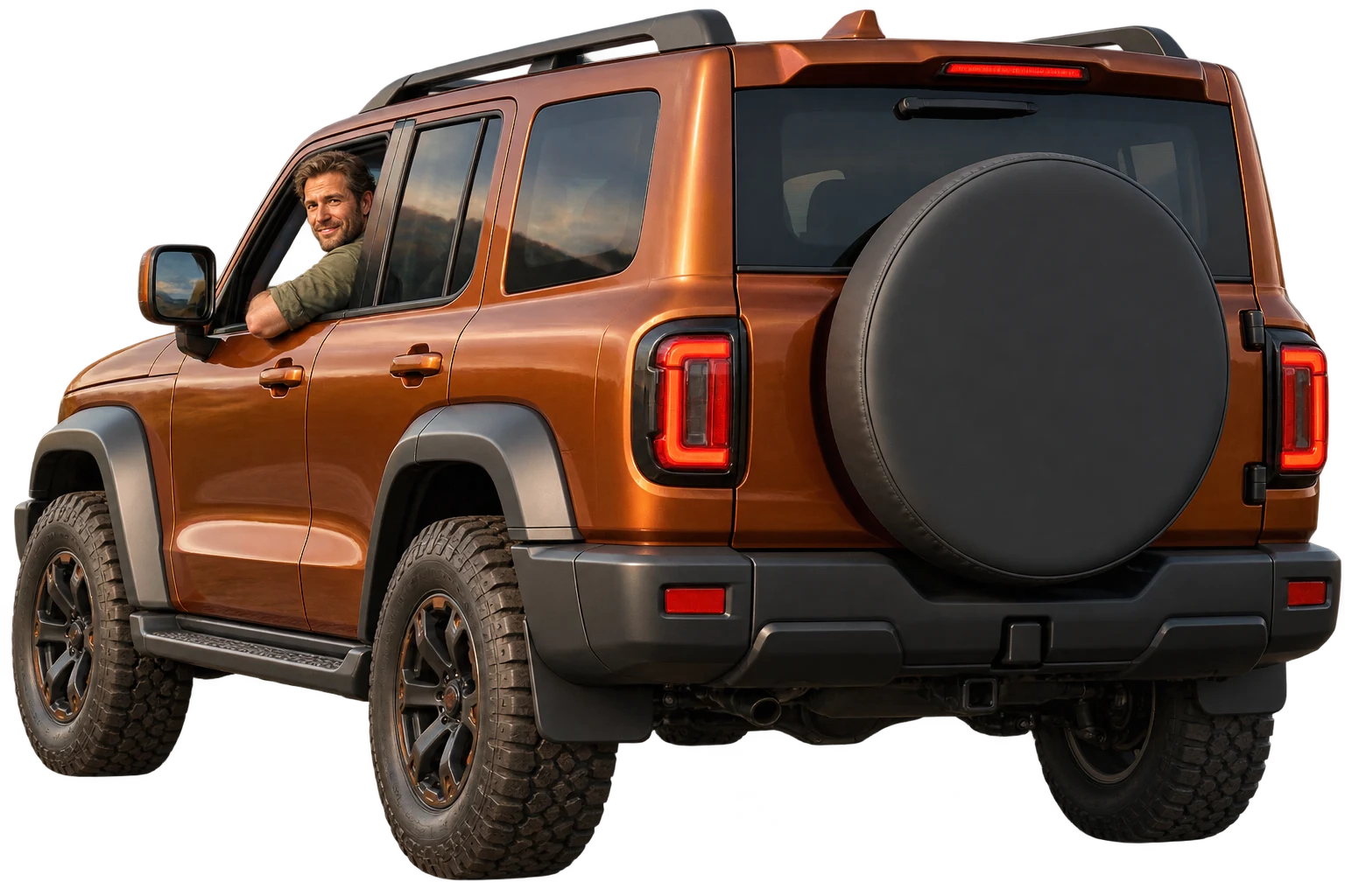 Bronze 4x4 with an adult man at the window and a spare wheel cover