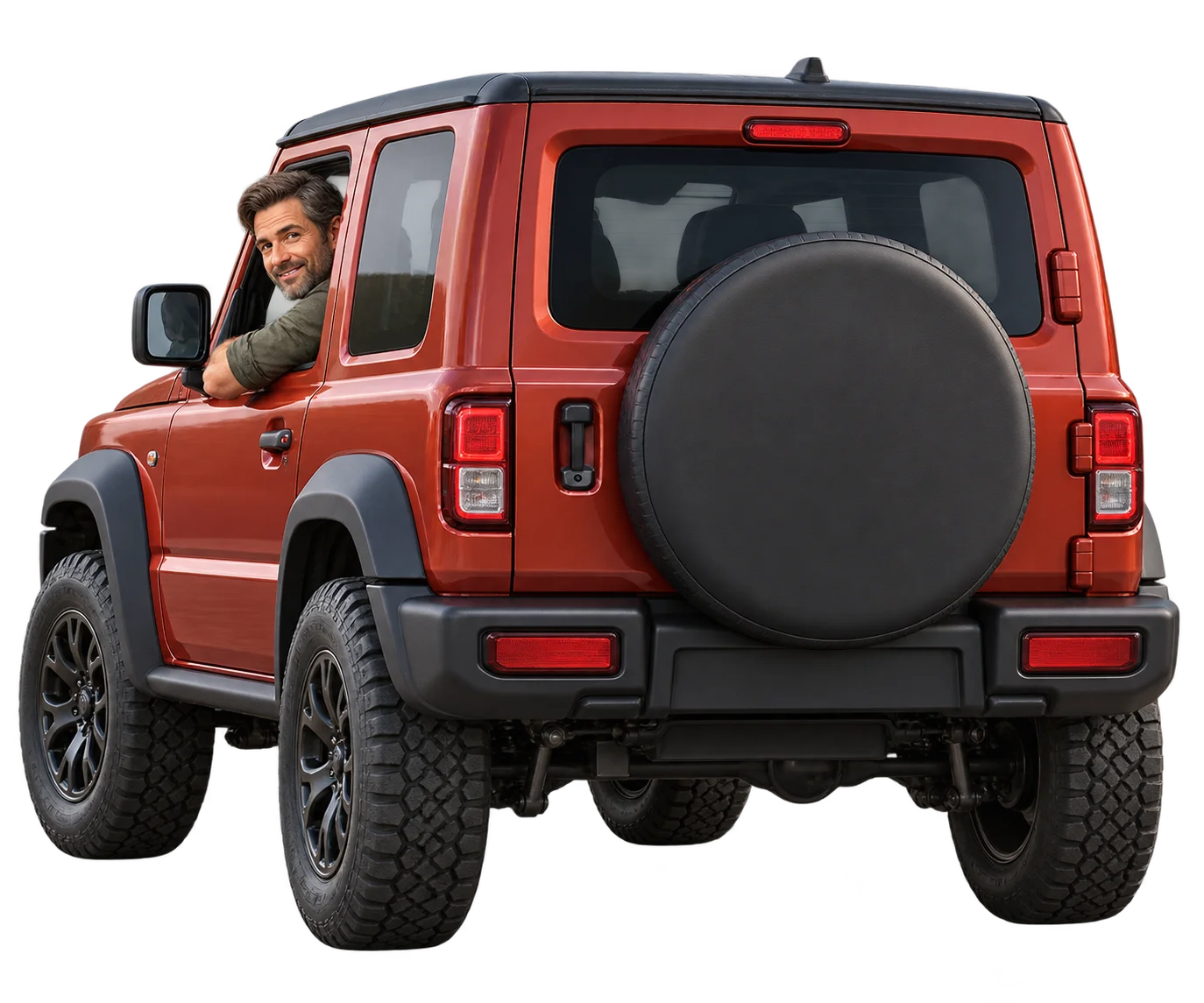 Red 4x4 with an adult man at the window and a spare wheel cover