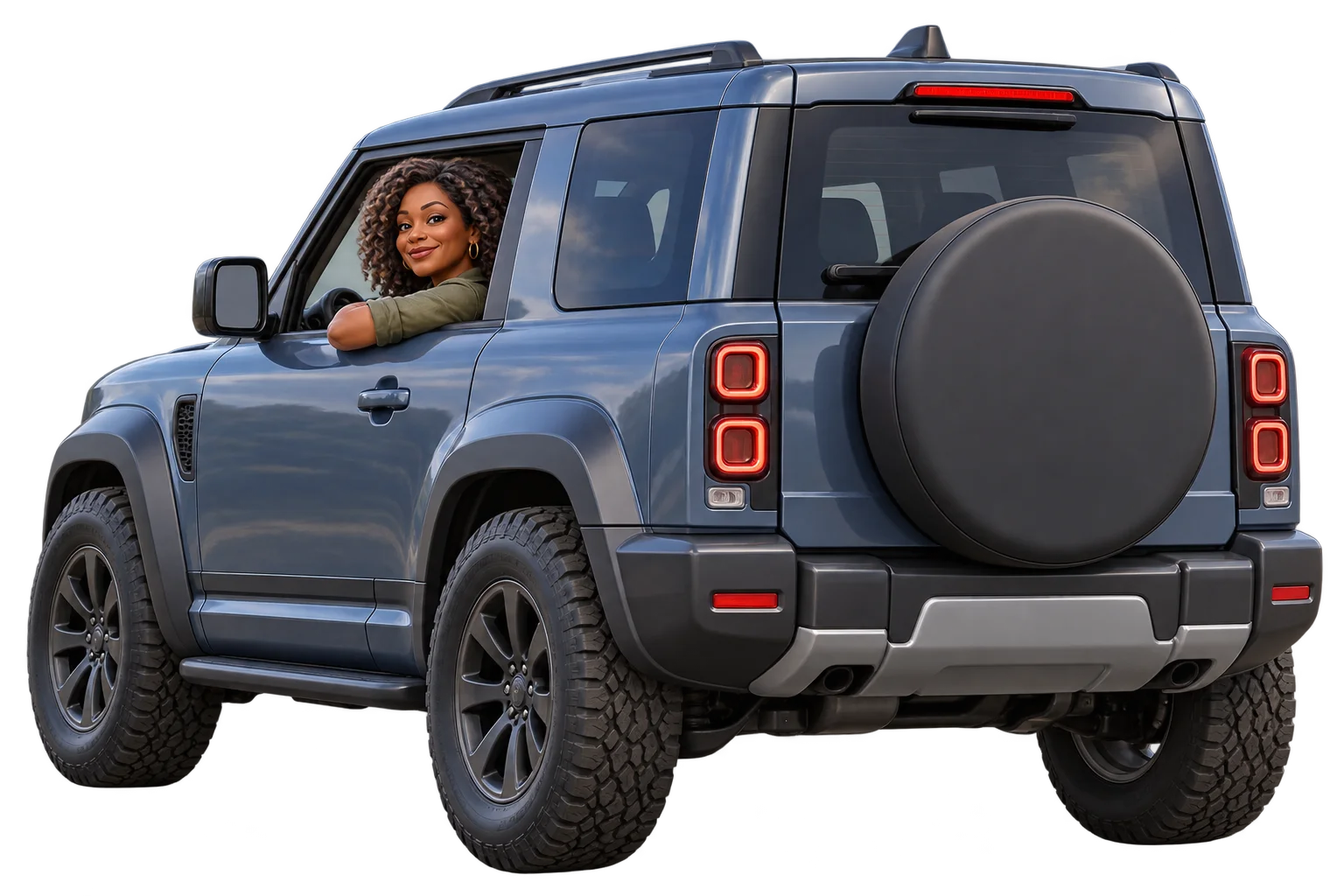 Blue 4x4 with an adult woman at the window and a spare wheel cover