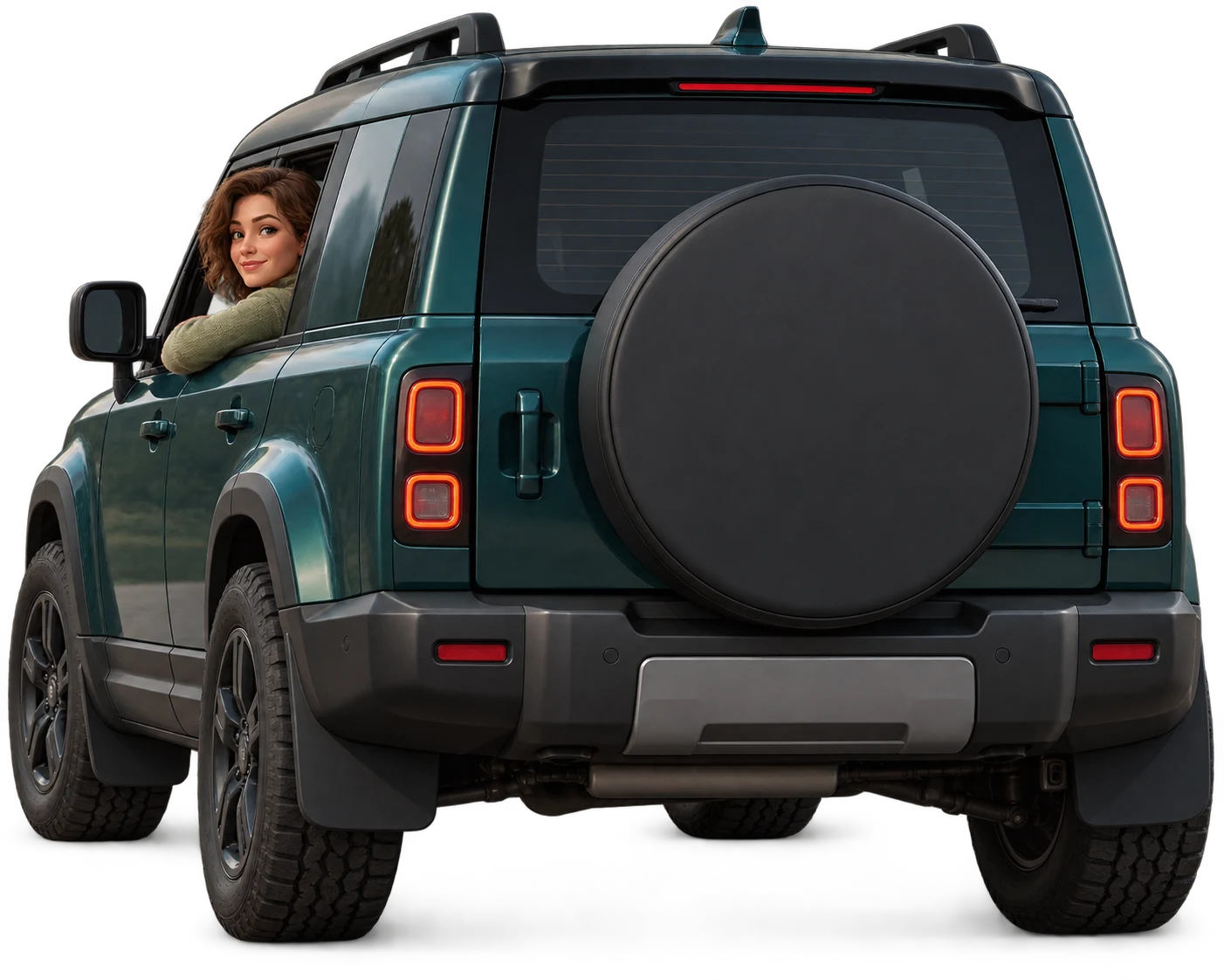 Teal 4x4 with an adult woman at the window and a spare wheel cover
